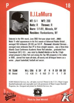 2003 MultiAd Kannapolis Intimidators #19 B.J. LaMura Back