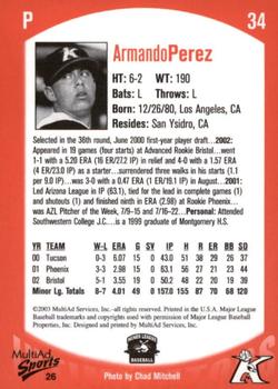 2003 MultiAd Kannapolis Intimidators #26 Armando Perez Back