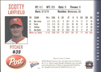 2003 MultiAd Memphis Redbirds #16 Scotty Layfield Back