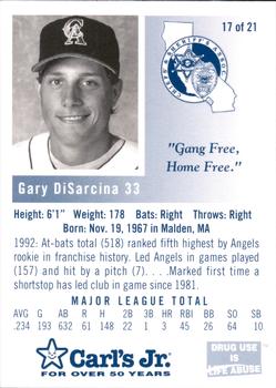 1993 California Angels Police #17 Gary DiSarcina Back