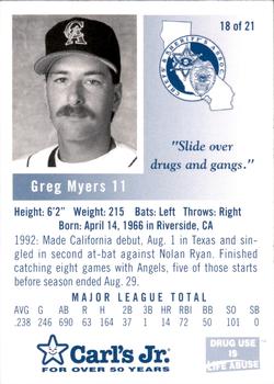 1993 California Angels Police #18 Greg Myers Back