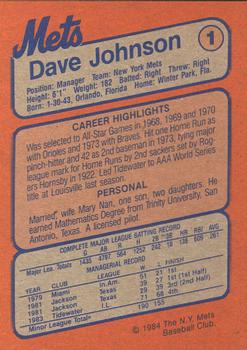 1984 New York Mets MVP Club #1 Dave Johnson Back