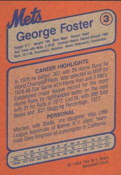 1984 New York Mets MVP Club #3 George Foster Back