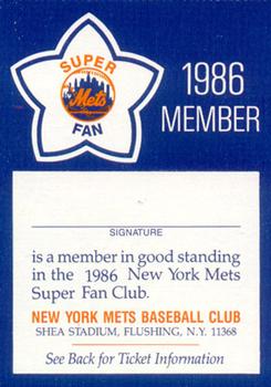 1986 New York Mets Super Fan Club #9 Super Fan Club Member Card Front