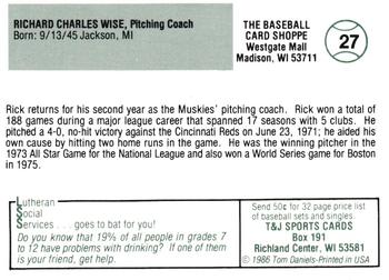1986 Madison Muskies #27 Rick Wise Back
