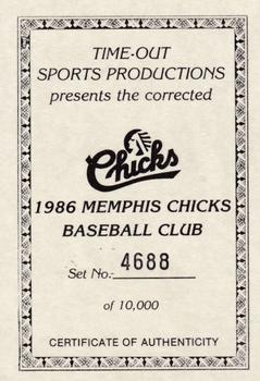 1986 Time Out Sports Memphis Chicks Gold #NNO Certificate of Authenticity Front