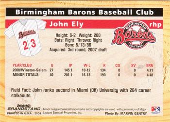 2009 Grandstand Birmingham Barons #NNO John Ely Back