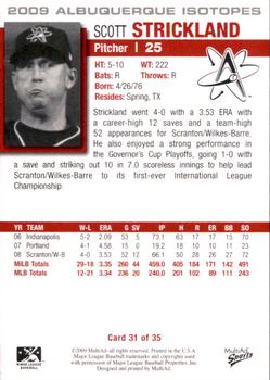 2009 MultiAd Albuquerque Isotopes #31 Scott Strickland Back