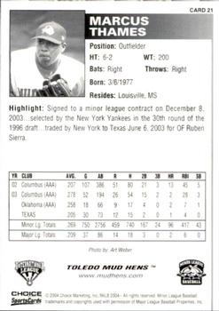 2004 Choice Toledo Mud Hens #21 Marcus Thames Back