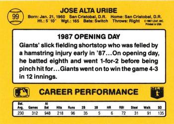 1987 Donruss Opening Day #99 Jose Uribe Back