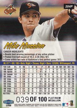 1998 Ultra - Platinum Medallion #204P Mike Mussina Back