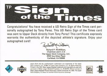1998 Upper Deck Retro - Sign of the Times #TP Tony Perez Back