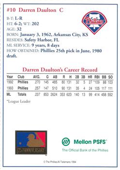 1994 Mellon Bank Philadelphia Phillies #NNO Darren Daulton Back