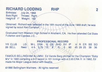 1990 Bellingham Mariners #2 Richard Lodding Back