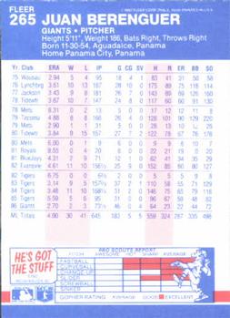 1987 Fleer #265 Juan Berenguer Back