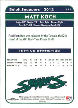 2012 Grandstand Beloit Snappers #NNO Matt Koch Back