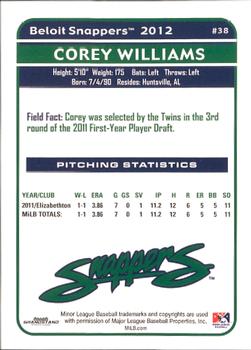 2012 Grandstand Beloit Snappers #NNO Corey Williams Back