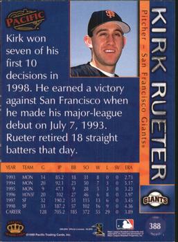 1999 Pacific - Platinum Blue #388 Kirk Rueter  Back