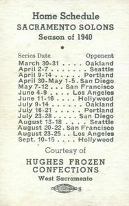 1940 Hughes Frozen Confections Sacramento Solons #NNO Jim Grilk Back