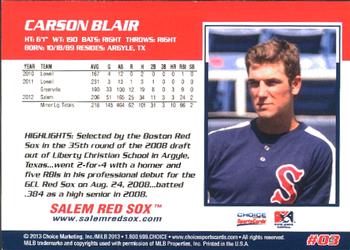 2013 Choice Salem Red Sox #3 Carson Blair Back