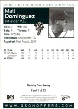 2008 MultiAd Greensboro Grasshoppers #9 Matt Dominguez Back