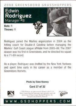 2008 MultiAd Greensboro Grasshoppers #26 Edwin Rodriguez Back