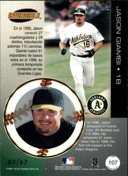 1999 Pacific Invincible - Platinum Blue #107 Jason Giambi  Back