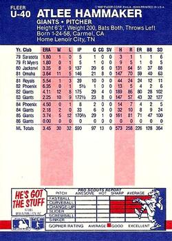 1987 Fleer Update #U-40 Atlee Hammaker Back