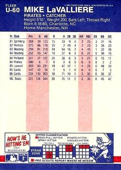 1987 Fleer Update #U-60 Mike LaValliere Back