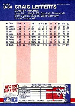 1987 Fleer Update #U-64 Craig Lefferts Back