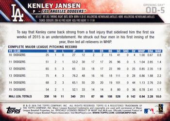 2016 Topps Opening Day #OD-5 Kenley Jansen Back