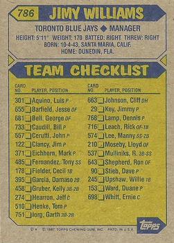 1987 Topps #786 Jimy Williams Back