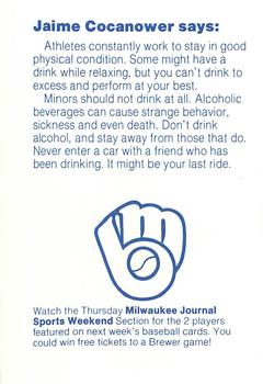 1985 Milwaukee Brewers Police - Village of Brown Deer Police Department and The Brown Deer Bank #NNO Jaime Cocanower Back