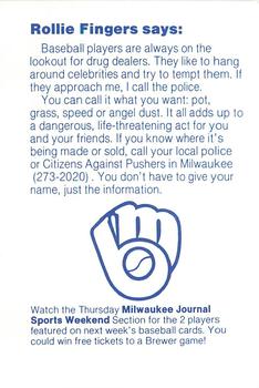 1985 Milwaukee Brewers Police - Menomonee Falls Police Department and the F & M Bank #NNO Rollie Fingers Back