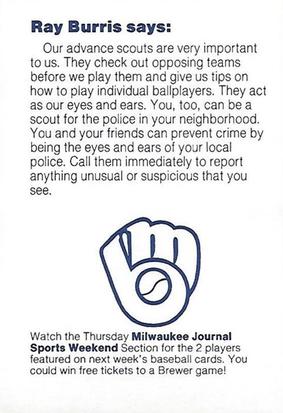 1985 Milwaukee Brewers Police - Merrill Police Department and The Church Mutual Insurance Company #NNO Ray Burris Back