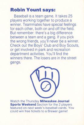 1985 Milwaukee Brewers Police - Mount Pleasant Police Department and the Mount Pleasant Crime Prevention Unit #NNO Robin Yount Back