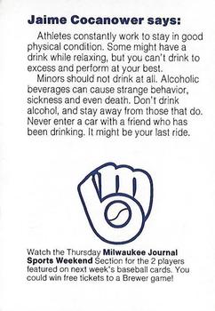 1985 Milwaukee Brewers Police - New Berlin Police Department #NNO Jaime Cocanower Back
