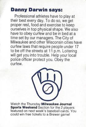 1985 Milwaukee Brewers Police - North Fond du Lac Police Department #NNO Danny Darwin Back