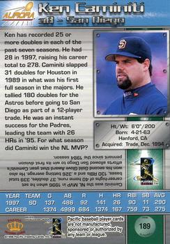 1998 Pacific Aurora #189 Ken Caminiti Back