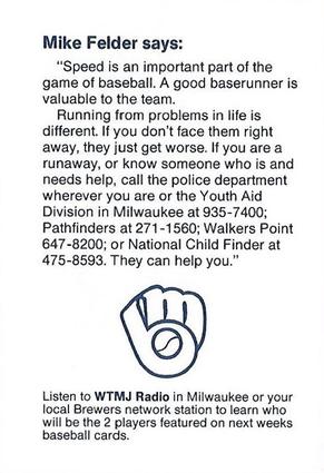 1988 Milwaukee Brewers Police - Eagle & Palmyra Police Departments and The Eagle & Palmyra Lions Clubs #NNO Mike Felder Back