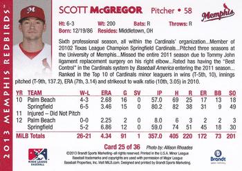 2013 Brandt Memphis Redbirds #25 Scott McGregor Back