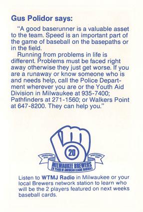1989 Milwaukee Brewers Police - Fond du Lac Police Department, Shopko and the National Exchange Bank #NNO Gus Polidor Back