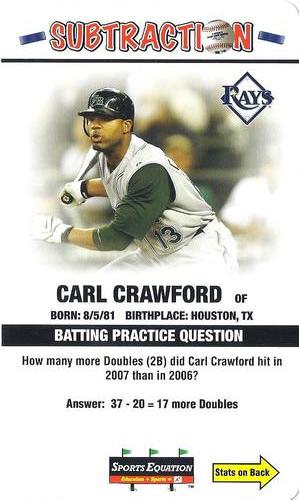 2008 Sports Equation Math Learning Cards: Addition & Subtraction #28 Carl Crawford Front