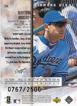 1999 Upper Deck Black Diamond - Double #104 Alex Cora Back