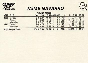 1991 Miller High Life Milwaukee Brewers #NNO Jaime Navarro Back