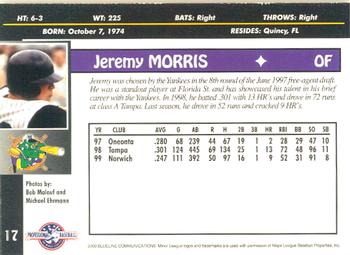 2000 Blueline Q-Cards Norwich Navigators #17 Jeremy Morris Back