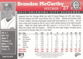 2010 MultiAd Oklahoma City RedHawks #15 Brandon McCarthy Back