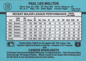 1988 Donruss #249 Paul Molitor Back