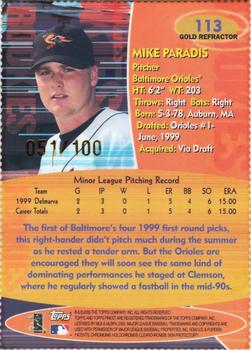 2000 Finest - Gold Refractors #113 Mike Paradis  Back