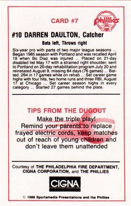 1986 Philadelphia Phillies Fire Safety #7 Darren Daulton Back
